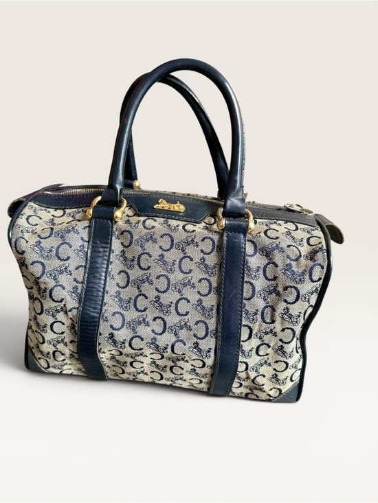 Celine Handbags - Celine Vintage Navy Leather Trim Monogram Satchel with Navy Blue Leather Lining